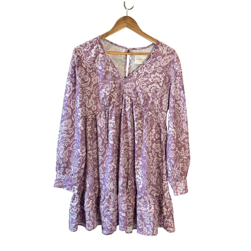 Panache Apparel Purple Floral Paisley Babydoll Mini Dress Long Sleeve L Vacation